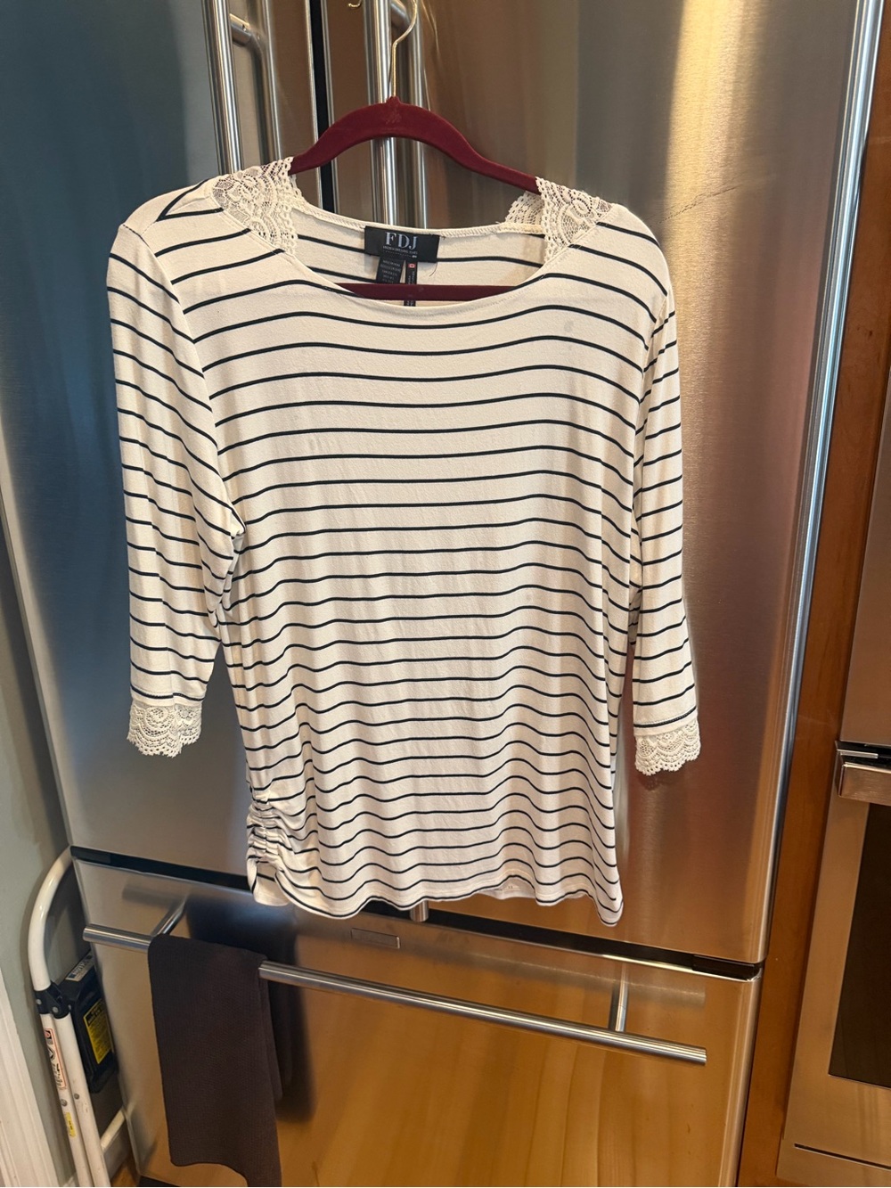 FDJ Paris Cream & Navy Striped Lace-Trim Top